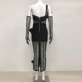 Top Quality Women Sleeveless Sexy One Shoulder Floral Mesh See Through Bodycon Bandage Long Dress Celebrate Nightclub Party Wear